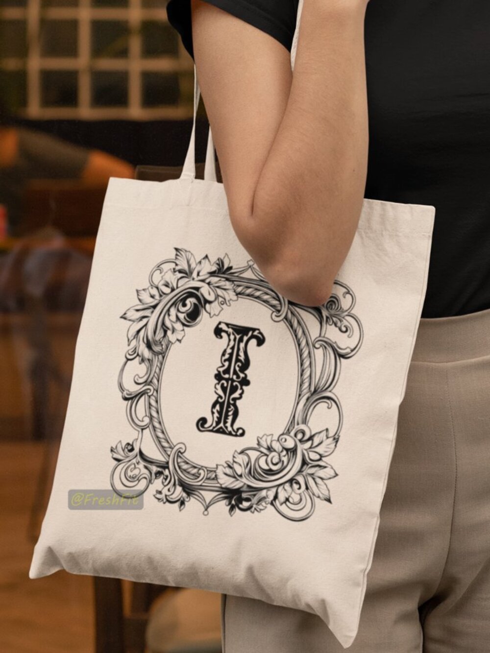 🆕Letter I Ornate Initial Natural Canvas Tote Bag